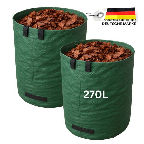Zwei grüne Gartenabfallsäcke mit 270 Liter Fassungsvermögen, gefüllt mit braunem Laub, Tragegriffe oben und unten, deutsche Marke.
