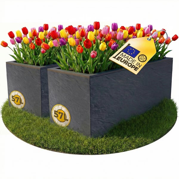 Zwei rechteckige Pflanzgefäße in Steinoptik, Fassungsvermögen 57 Liter, bepflanzt mit bunten Tulpen, hergestellt in Europa.