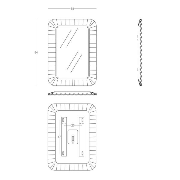 Technische Zeichnung eines Wandspiegels mit strukturiertem Rahmen, Maße 94 mal 68 Zentimeter, Vorderansicht, Seitenansicht und Rückansicht.
