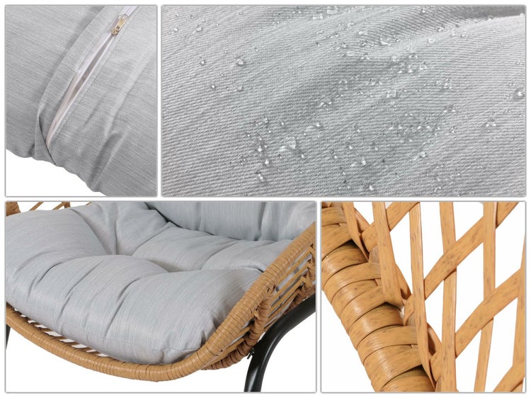 Detailansicht von einem Rattansessel mit wasserabweisenden Kissenbezügen