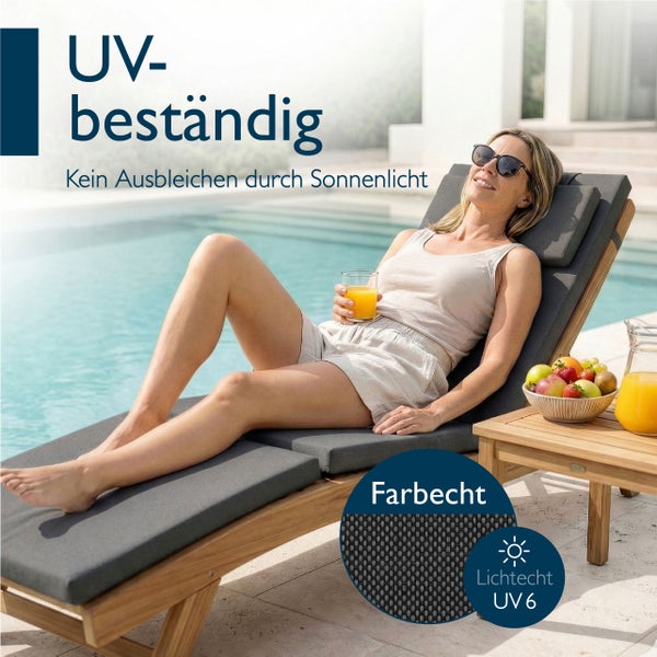 Gartenliege mit UV-beständigen grauen Auflagen am Pool. Das Material ist farbecht und lichtecht Stufe 6.