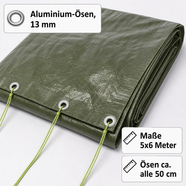 Zusammengelegte Gewebeplane in fünf mal sechs Meter mit Aluminiumoesen von 13 Millimeter Durchmesser, Abstand der Oesen cirka 50 Zentimeter.
