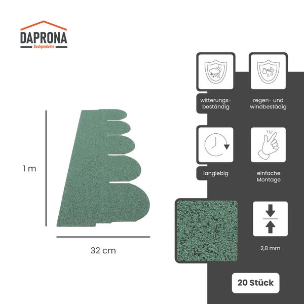 Daprona Logo. Bitumenschindeln Biberschwanz in Grün, 1 Meter mal 32 Zentimeter, Stärke 2,8 Millimeter, 20 Stück. Witterungsbeständig und langlebig.