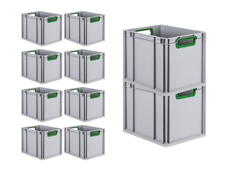 PROREGAL Spar Set 10x Eurobox Nextgen Color HxBxT 32 x 30 x 40 cm 30 Liter Griffe Grün Offen Glatter Boden Eurobehälter Transportbox
