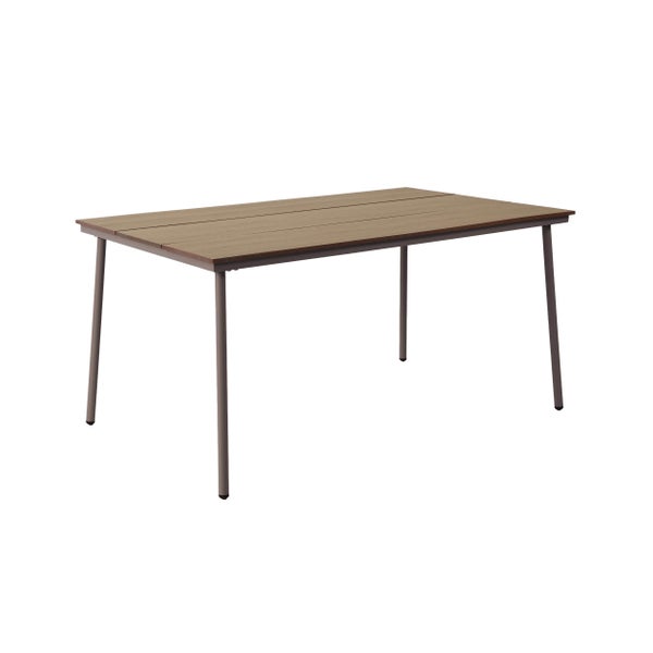 Rechteckiger Gartentisch mit Tischplatte in Holzoptik und vier Metallbeinen.