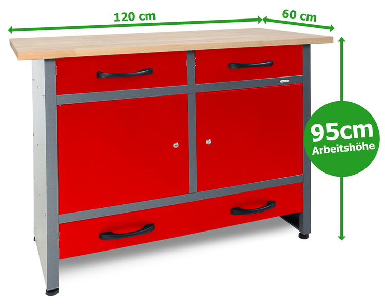 Ondis24 Werkstatt Set Werner Plus 120 cm 1 Schrank rot, Werkstatteinrichtung, Werkbank