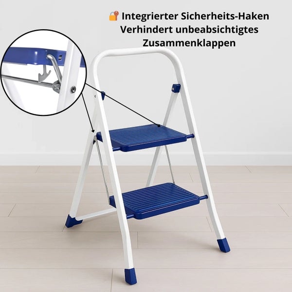 Weiße Haushaltsleiter mit zwei Stufen und Sicherheitsbügel
