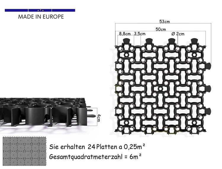 BigDean 24x Rasengitter Paddockplatte SCHWARZ 50x50 cm Reitplatzmatten Rasenmatten Rasenwaben Kiesgitter Parkplatzrasen 6 m²