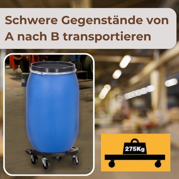 Blaues Fass auf Rollbrett mit Traglast Symbol 275 Kilogramm