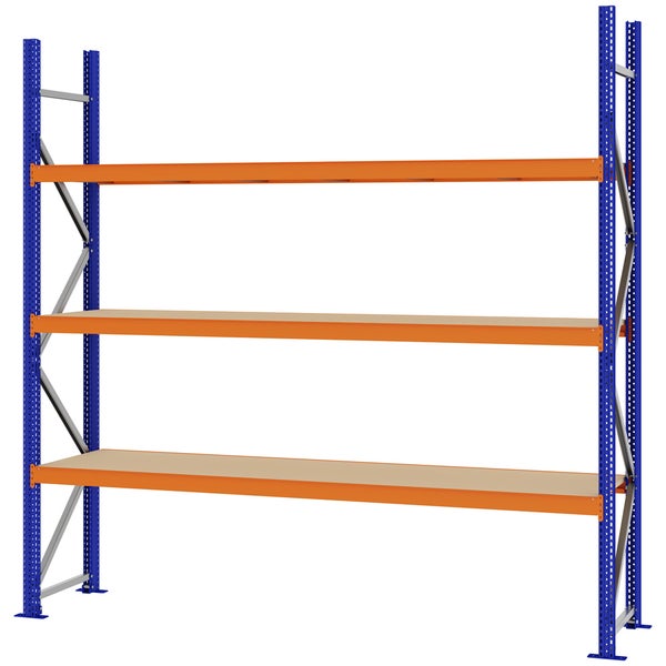 Schwerlastregal mit blauem Metallrahmen, orangefarbenen Traversen und drei Holzböden für Lager und Werkstatt.