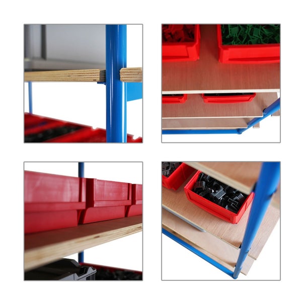 Detailansicht eines Regalsystems mit roten Lagerboxen und blauem Gestell