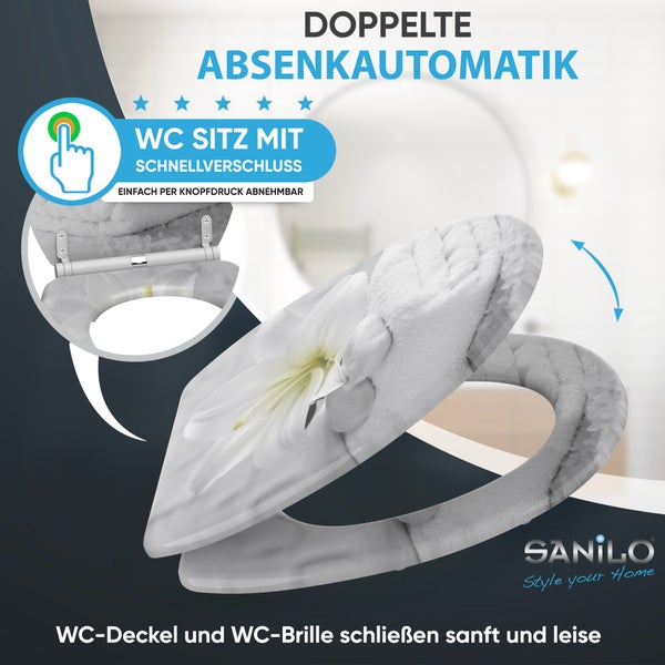 Sanilo WC-Sitz mit doppelter Absenkautomatik und Schnellverschluss, Motiv mit weißer Lilie und Steinen, Sanilo Logo.