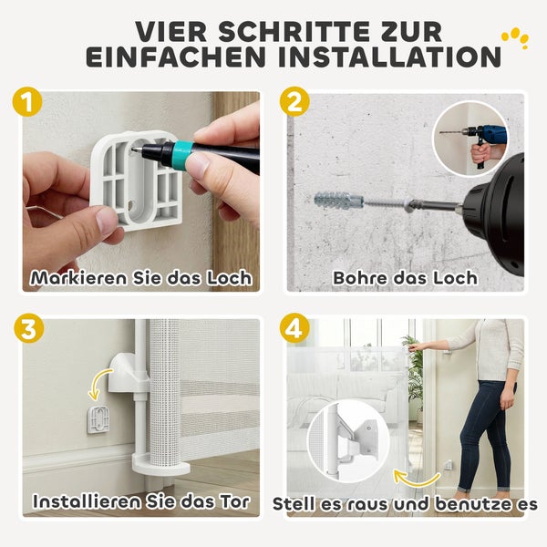 Anleitung zur Montage eines ausziehbaren Schutzgitters: Markieren der Löcher, Bohren, Montage an der Wandhalterung und Ausziehen des Gitters.