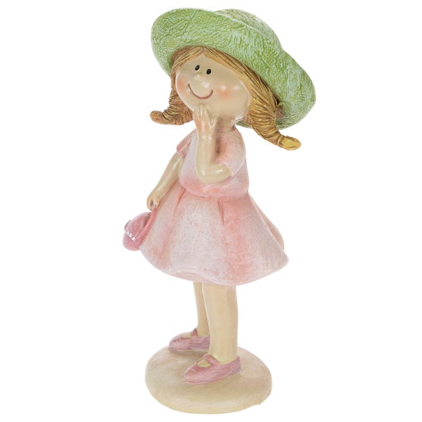 Dekorative Gartenfigur eines lächelnden Mädchens mit grünem Hut und rosa Kleid.