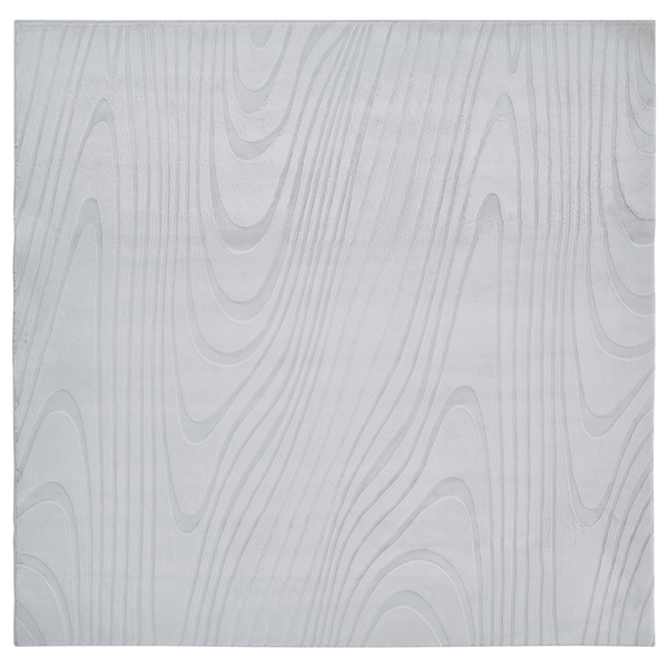 Quadratischer Teppich mit modernem Wellenmuster in Holzoptik.