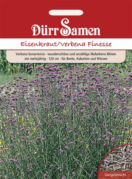 Samenpackung Eisenkraut Verbena Finesse mit Dürr Samen Logo, Abbildung lilafarbener Blüten und Detailansicht der Samen.
