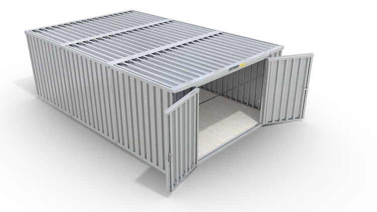 Lagercontainer Gerätehaus XL3  – 32 qm, H2150 x B5080 x T6520 mm, verzinkt, mit Holzfußboden, 2750 mm Doppelflügeltür mittig in Stirnseite, zerlegt