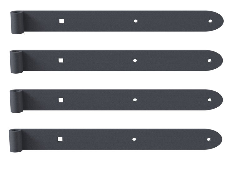 Set mit vier Ladenbändern aus Metall zur Befestigung von Fensterläden oder Türen.