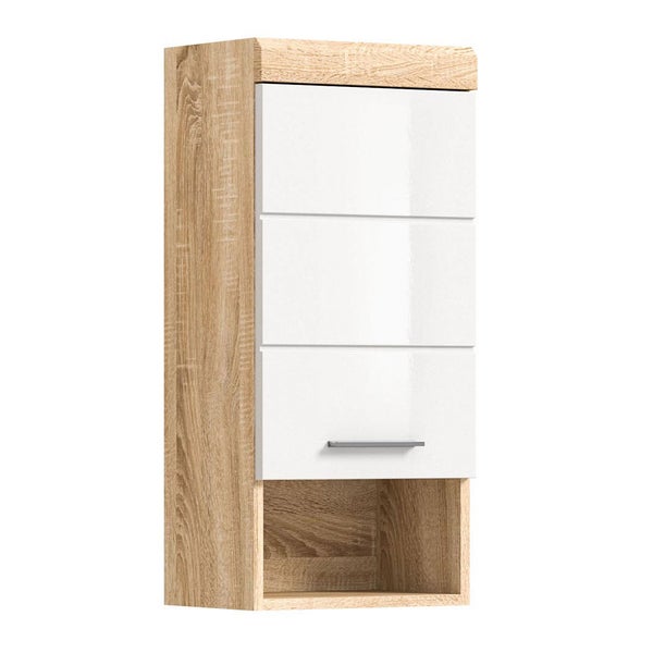 Lambada Badschrank wandhängend 1 Tür, 1 Ablage Hochglanz weiß,Eiche dekor. 37 X 24 X 79 cm