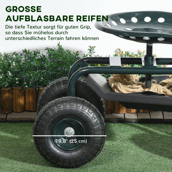 Outsunny Rollsitz Werkstattwagen mit Ablage Korb fahrbar Rollwagen drehbar Arbeitssitz Gartenrollsitz Richtung für kleine Gartengeräte Stahl Grün