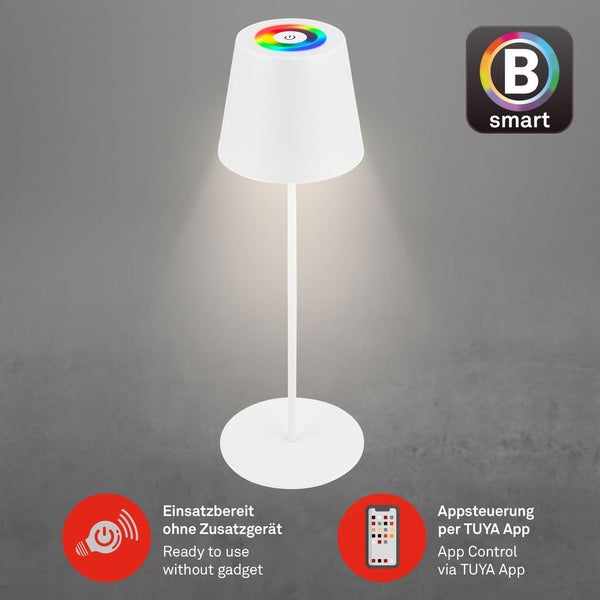 Briloner Coloris LED Tischlampe Smart kabellos, Smart via Appsteuerung, Dimmbar, Speicherfunktion, Timer, Weiß, Ø10,5 x 36 cm