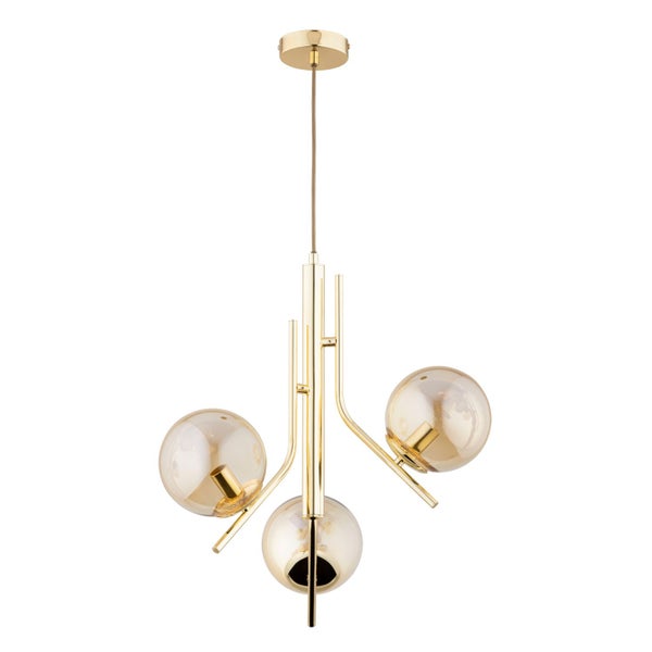 Moderne Pendelleuchte mit drei Glaskugeln und Metallgestell zur Deckenmontage