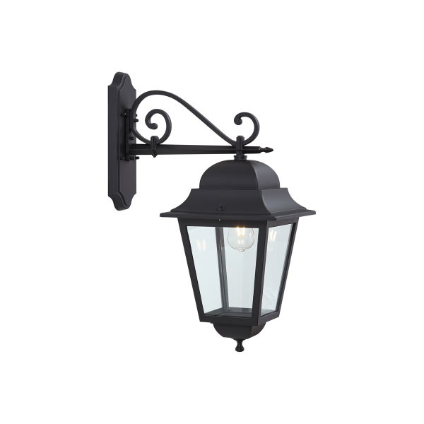 Schwarze Außenwandleuchte im klassischen Laternendesign mit dekorativem Wandarm und Klarglas.