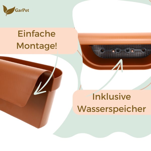 Detailansicht eines braunen Blumenkastens mit Wasserreservoir und Hinweisen zur einfachen Montage