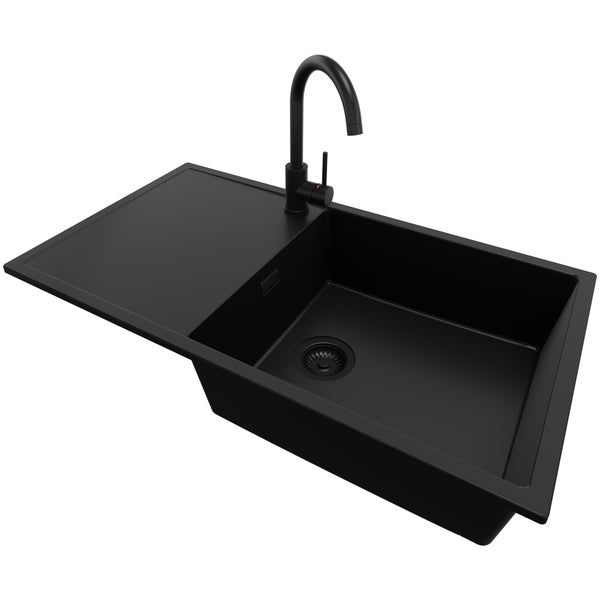 PRIMAGRAN Granitspüle Alles Schwarz 90x50cm, Spülbecken 1 Becken + Küchenarmatur 32x20cm + Ablauf-Set, Küchenspüle ab 60er Unterschrank - Ibiza