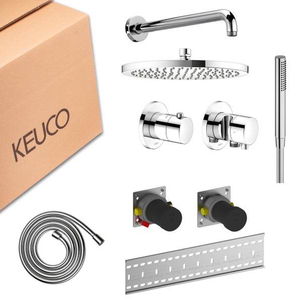 Keuco Unterputz-Duschset mit Regendusche, Handbrause, Schlauch, Thermostaten, Einbaukörpern, Montageschiene und Keuco Logo.
