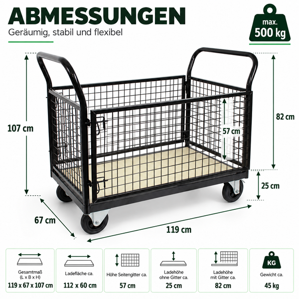 Maßzeichnung eines stabilen Gitterwagens mit einer Tragkraft von 500 Kilogramm und Angaben zu den Abmessungen sowie dem Eigengewicht.