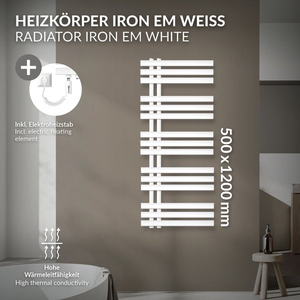 LuxeBath Elektrischer Badheizkörper IronEM 500x1200 mm Weiß + Heizstab 1200W mit Thermostat Touchbedienung, Handtuchheizkörper mit Heizpatrone, Elektro Handtuchwärmer Paneelheizkörper Designheizkörper