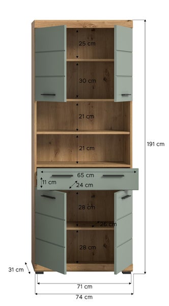 Hoher Küchenschrank mit Regalfächern und Schublade, Maße einhundertunderinundneunzig Zentimeter hoch, vierundsiebzig Zentimeter breit, Holzoptik.