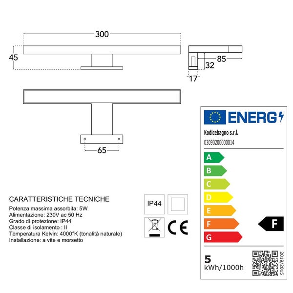 Technische Zeichnung einer Leuchte mit Maßangaben, IP44 Schutzart, CE Kennzeichnung und Energielabel