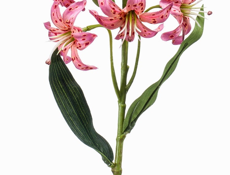Künstlicher Lilienzweig mit rosa Blüten, Knospen und grünen Blättern.