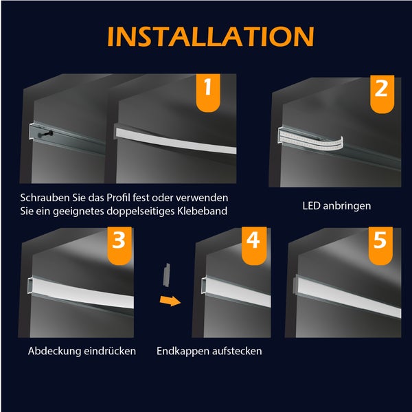 Installationsanleitung für LED Aluminium Profile in fünf Schritten für Montage durch Schrauben oder Kleben inklusive LED Band und Abdeckung.