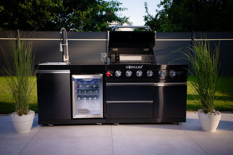 GORILLER® BLACKBACK S6 Outdoor-Küche, Gasgrill mit Kühlschrank-Waschbecken-Kombination, Edelstahl, Schwarz