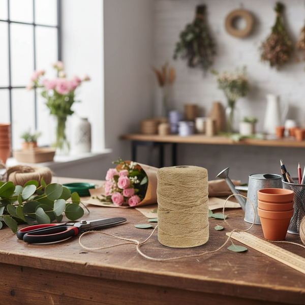 Spule mit naturfarbenem Bindegarn auf einem hölzernen Arbeitstisch in einer hellen, organisierten Floristen-Werkstatt mit Blumen und Werkzeugen.