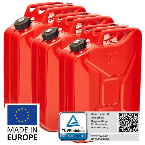 Zwei 10 Liter Kraftstoffkanister aus Stahl, einer mit flexiblem Ausgießer