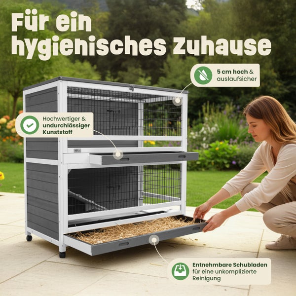 Hasenstall Kaninchenstall zooprinz Oskar 115x118x60cm Mobil 2 Etagen Kunststoff-Schubladen