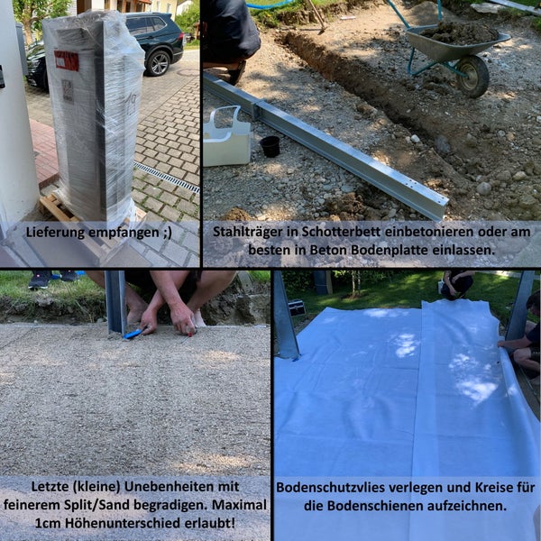 Bildmontage zur Vorbereitung für den Aufbau einer Überdachung: Lieferung, Betonieren der Stahlträger, Ausgleichen von Unebenheiten, Verlegen von Bodenschutzvlies
