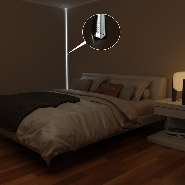 Schlafzimmer mit Bett und indirekter LED Wandbeleuchtung.