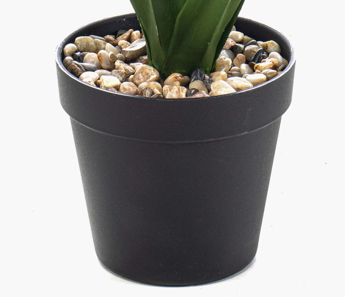 Künstliche Agave im schwarzen Topf mit Zierkies, grüne spitze Blätter.