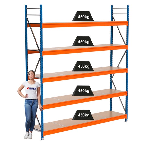 Stahlregal mit fünf Ebenen und einer Traglast von 450 Kilogramm pro Ebene