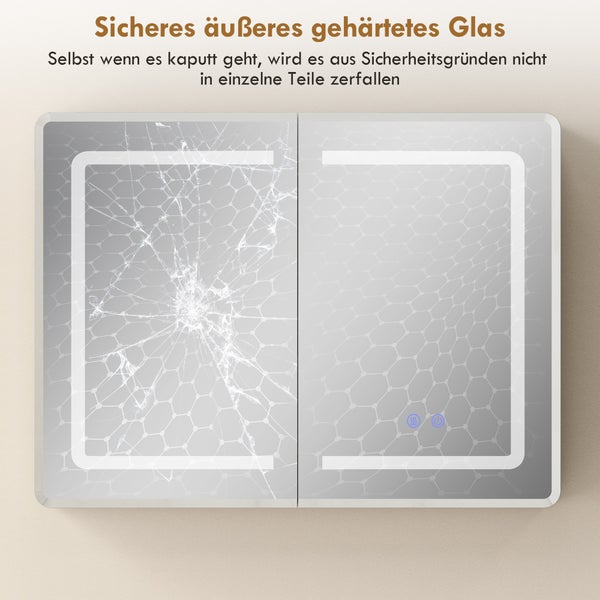 LED-Spiegelschrank mit sicherem gehärtetem Glas, das bei Glasbruch zusammenhält und nicht zersplittert.