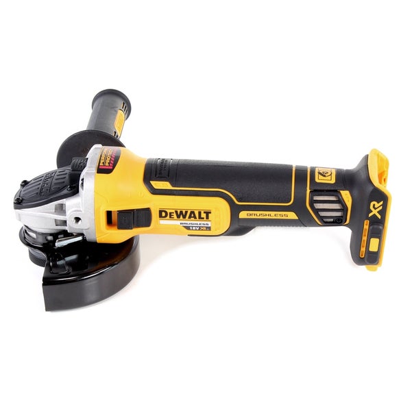 DeWalt 18 Volt Akku-Winkelschleifer mit bürstenlosem Motor, Zusatzhandgriff und Schutzhaube.