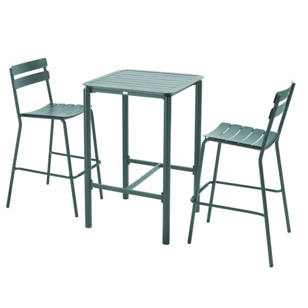 Dreiteiliges Bartischset aus Metall bestehend aus einem quadratischen Tisch und zwei Barstühlen in Dunkelgrün.