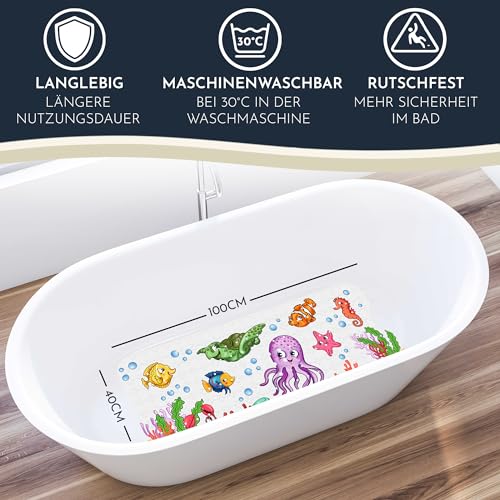 Homerella® Badewannenmatte rutschfest Kinder - 100% BPA frei Inkl. 2 Haken zum Aufhängen 100x40cm - Antirutschmatte Badewanne Baby hautsensitiv, schimmelresistent - Badematte rutschfest