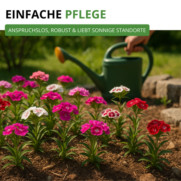 Beet mit Nelken bepflanzt, die von einer Person mit einer Gießkanne gegossen werden.