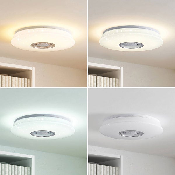 Runde LED-Deckenleuchte mit Lautsprecher und Sternenhimmel-Effekt, dargestellt in vier verschiedenen Lichttemperaturen